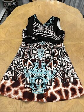 Just Cavalli Black, White & Aqua Tribal Print Mini Dress, Size 14 (Eur. 46)